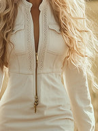 Vintage Western Cowboy Off-White Faux Denim Half-Zip Tassel Long-Sleeved Maxi Dress