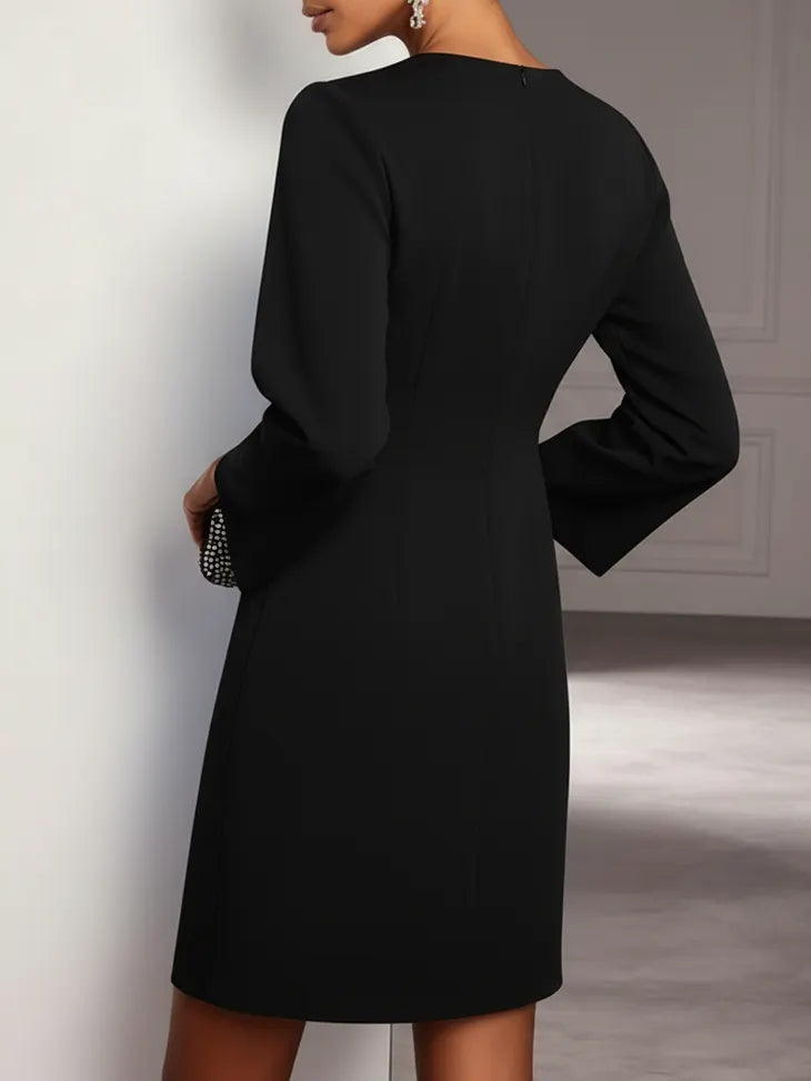 Black 3D Floral Classic Crew Neck Long Sleeve Bell Sleeve A-Line Mini Dress