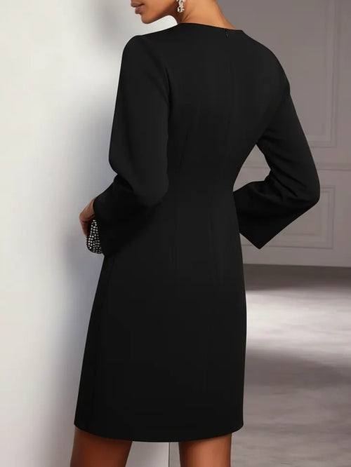 Black 3D Floral Classic Crew Neck Long Sleeve Bell Sleeve A-Line Mini Dress