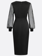 Black Beaded Slit Satin V Neck Long Sleeve Balloon Sleeve Sheath Midi Dress