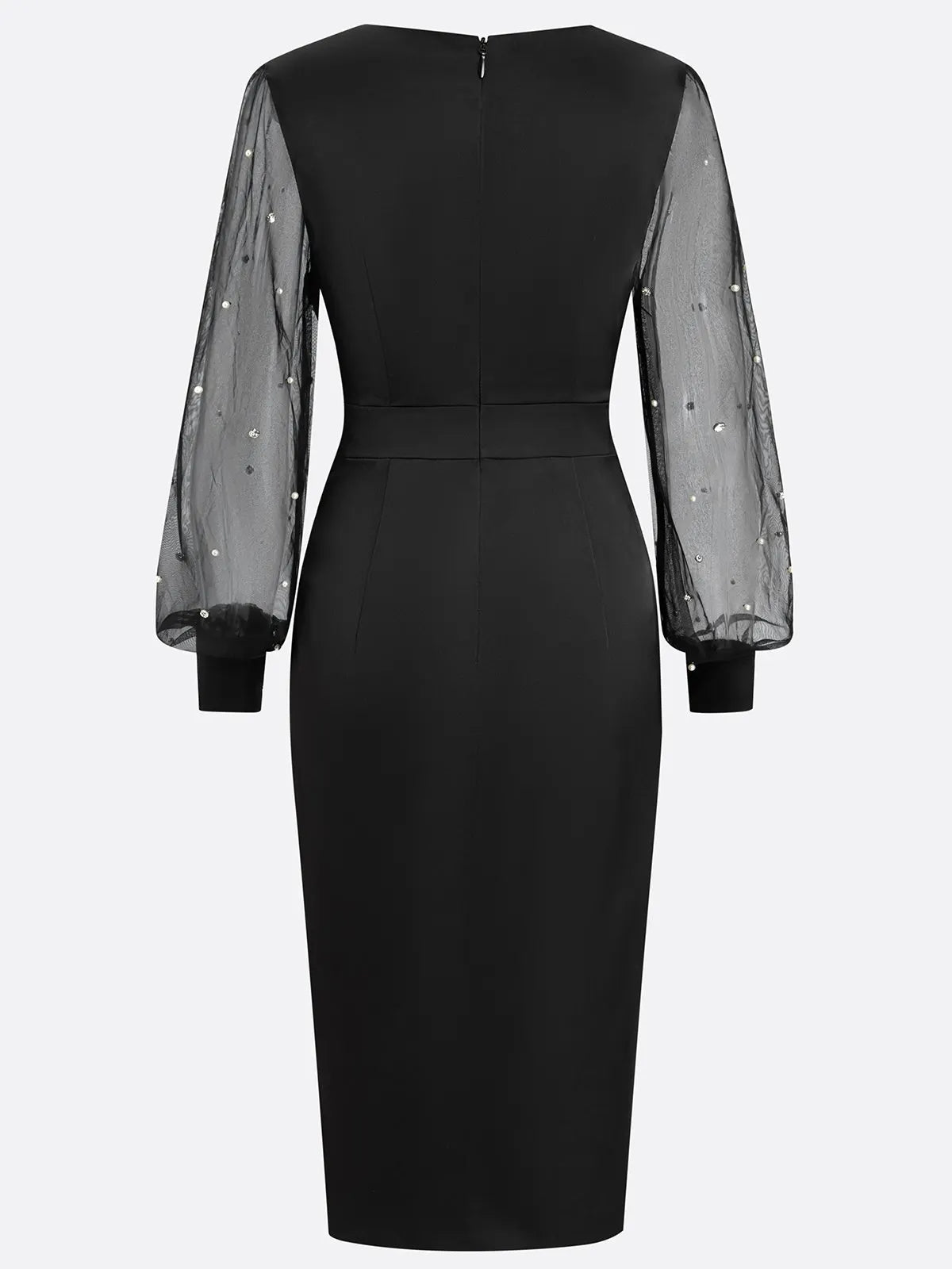 Black Beaded Slit Satin V Neck Long Sleeve Balloon Sleeve Sheath Midi Dress