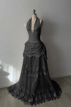 Lace And Tulle Halter Neck Strapless Sleeveless Long Mermaid Prom Dress With Pleated WQ0665