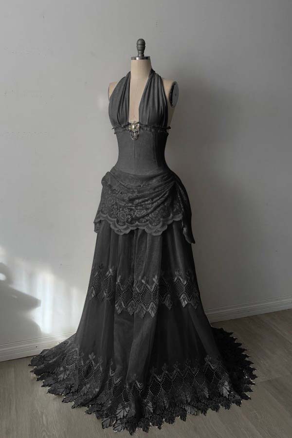 Lace And Tulle Halter Neck Strapless Sleeveless Long Mermaid Prom Dress With Pleated WQ0665