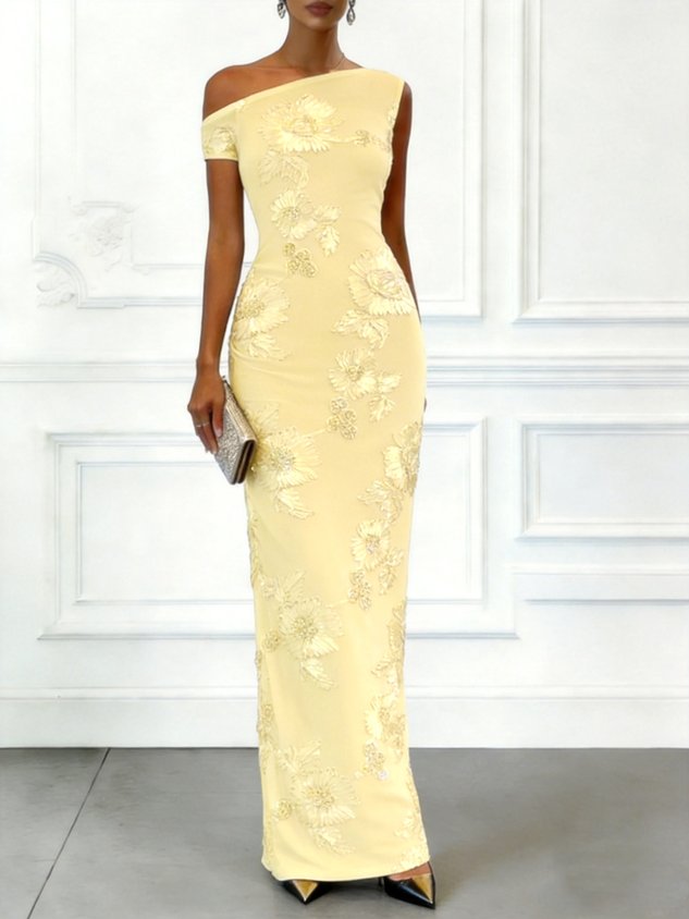 Light Blue Jacquard Classic Off The Shoulder Sleeveless Bodycon Floor-length Gown Dress