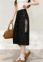 Retro black denim cropped wide-leg cargo pants with plaid patchwork and large pockets