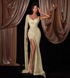 V-Neck One Shoulder Single Sleeve Long Mermaid Prom Dress With Beadings And High Split YK0627