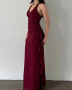 Cocoslly Charming V-Neck Halter Long Slim Fit Prom Dress With Ruffles | Burgundy Satin ZT0740