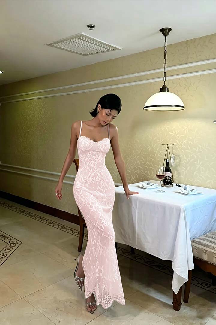 Cocoslly Spaghetti Straps Sleeveless High Waist Long Mermaid Prom Dress | Red Lace LR0435