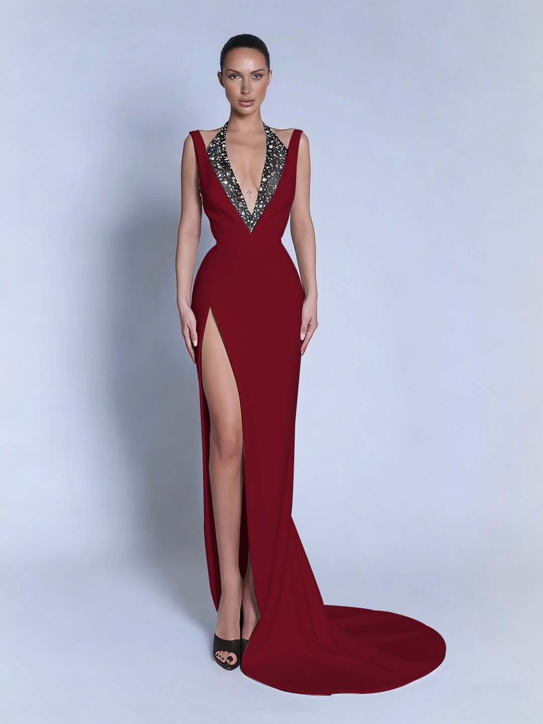 Halter V-Neck Wide Shoulder Straps Sleeveless Long Mermaid Prom Dress With Beadings And Split YK0734