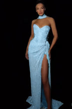 Cocoslly Strapless Sleeveless High Waist Long Split Prom Dress With Appliques And Scarfs | Silver Sequins JZ0147