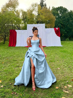 Satin Halter Neck Strapless Sleeveless Long A-Line Prom Dress With Pleated And Split YK0728