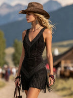 Retro V-neck Fringed Suede Sleeveless Mini Dress