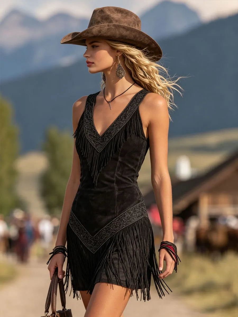 Retro V-neck Fringed Suede Sleeveless Mini Dress