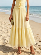 Yellow 3D Floral Chiffon Off The Shoulder Short Sleeve A-Line Maxi Dress