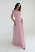 Chiffon Off the Shoulder Sleeveless Long Prom Dress With Pleated WQ0385
