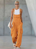Orange Cotton-linen Multi-pocket Wide-leg Overalls
