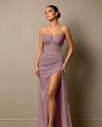 Cocoslly Spaghetti Straps Sleeveless High Waist Long Prom Dress With Split And Beading Pearls | Dark Green Satin LX0098