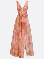 Pink Floral Bow Tulle V Neck Sleeveless A-Line Floor-length Gown Dress