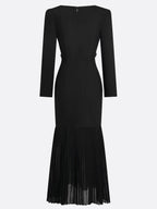 Black Pleated 3D Floral Classic Boat Neck Long Sleeve Mermaid Maxi Dress
