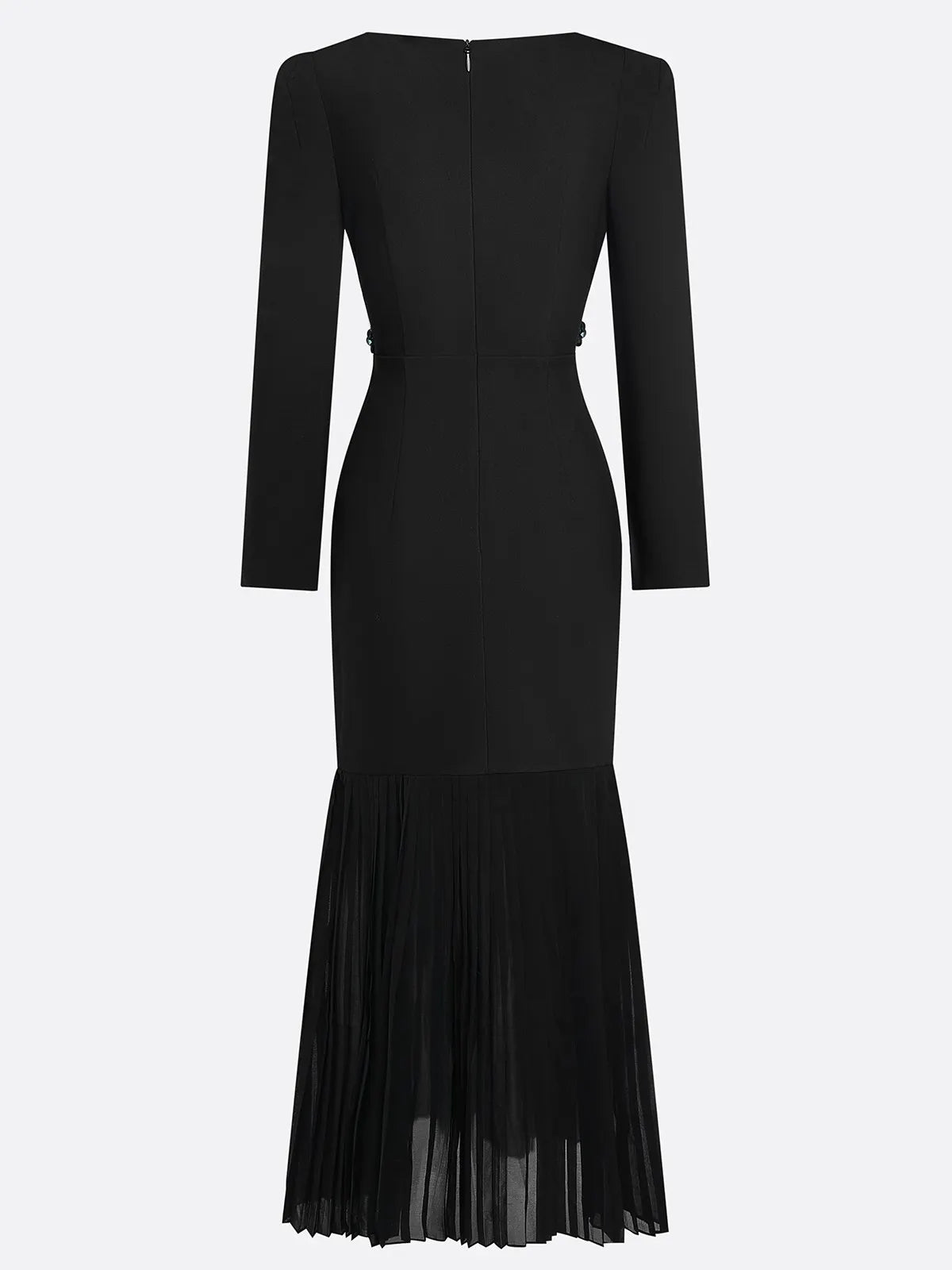 Black Pleated 3D Floral Classic Boat Neck Long Sleeve Mermaid Maxi Dress