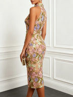 Khaki 3D Floral Classic Halter Neck Sleeveless Sheath Midi Dress