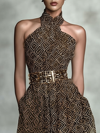 Brown Slit Classic Halter Sleeveless A-Line Maxi Dress