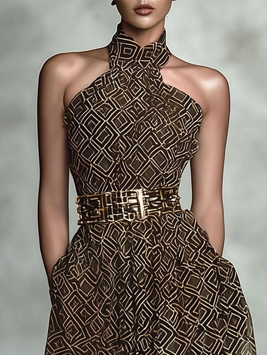 Brown Slit Classic Halter Sleeveless A-Line Maxi Dress