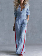 Casual Fashion Lapel Button-front Light Blue Striped Jumpsuit