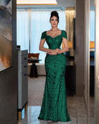 Cocoslly Short Sleeves High Waist Long Mermaid Prom Dress With Rhinstone | Silver Sequins YK1264