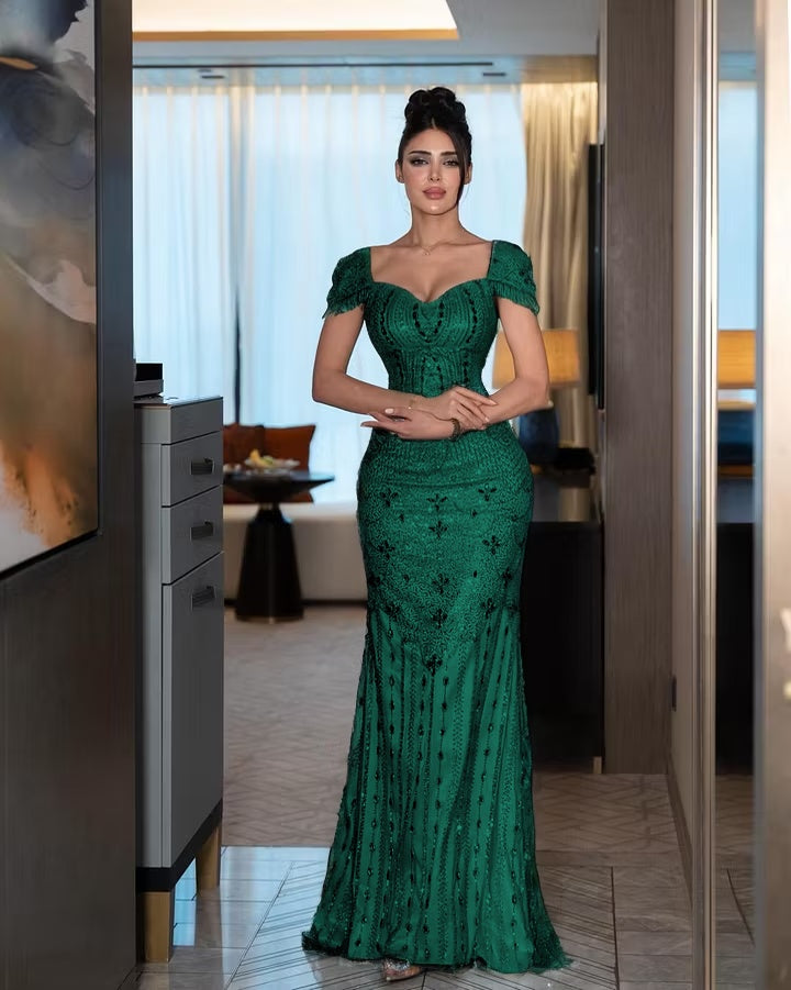 Cocoslly Short Sleeves High Waist Long Mermaid Prom Dress With Rhinstone | Silver Sequins YK1264