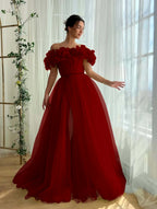 Tulle Off-The-Shoulder Strapless Sleeveless Long Pleated A-Line Prom Dress With Flower Appliques And Split YK0615