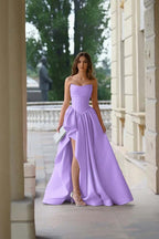 Pink Strapless Sleeveless A Line Long Split Prom Dress With Pleated ED0263
