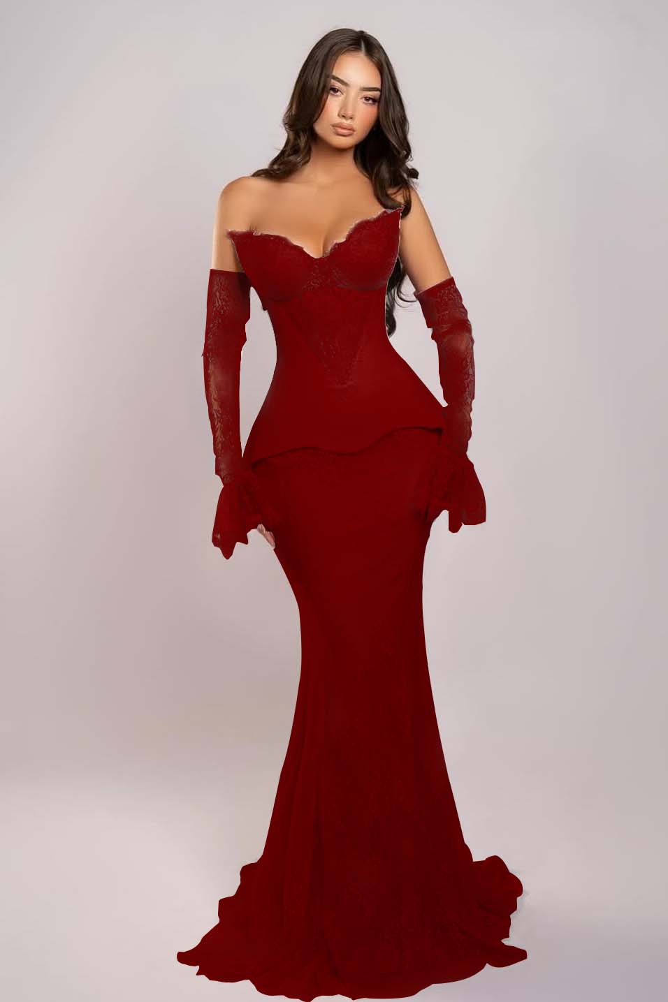 Cocoslly Strapless Sleeveless Long Mermaid Prom Dress With Embroidered And Gloves | Pink Satin And Lace ZA0398