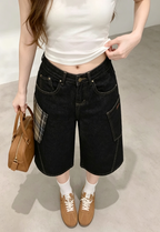 Retro black denim cropped wide-leg cargo pants with plaid patchwork and large pockets