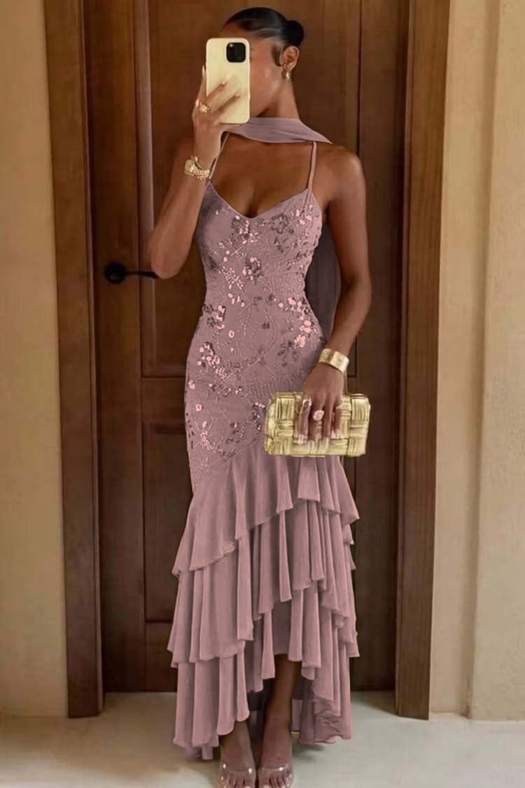 Cocoslly Spaghetti Straps Sleeveless High Waist Long Prom Dress With Ruffles And Sequins | Sage Chiffon LR0491