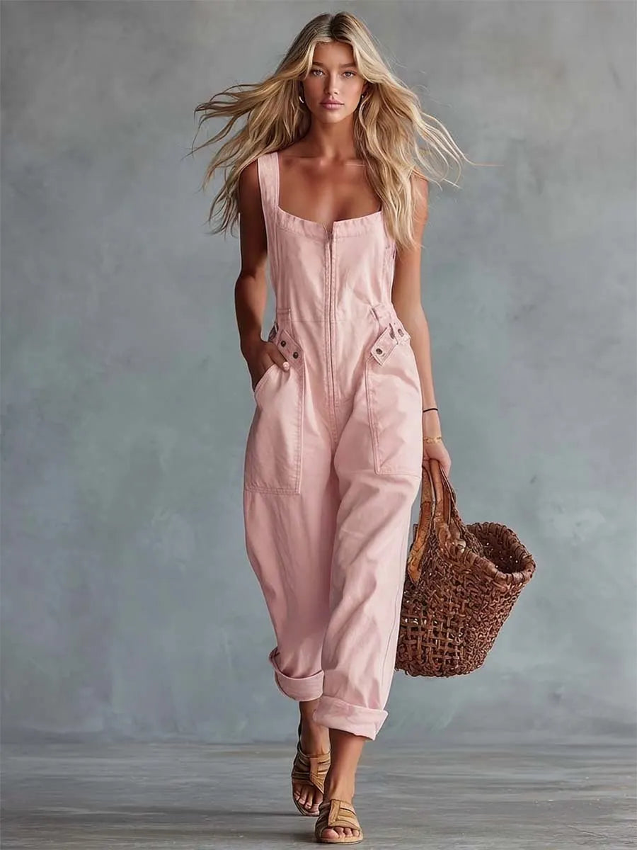 Casual Retro Square Neck Front Zipper Light Yellow Denim Jumpsuit