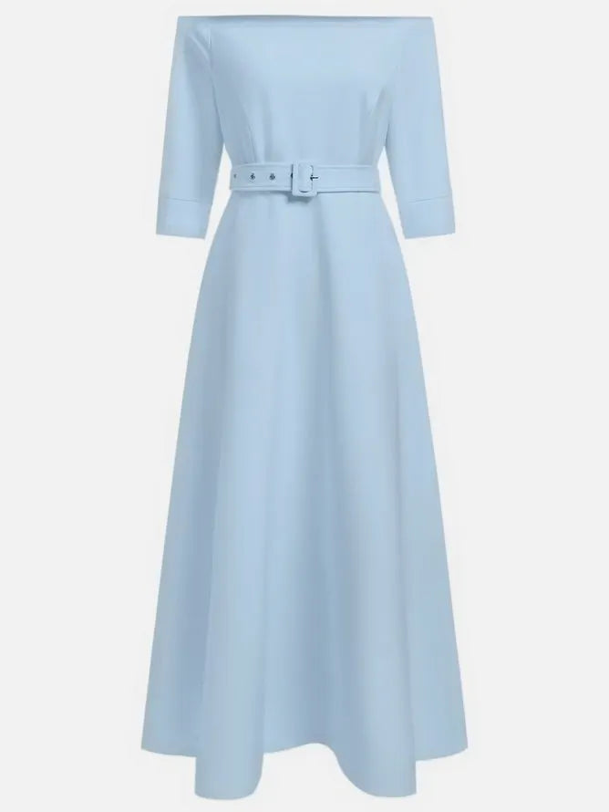 Light Blue Classic Off The Shoulder Half Sleeve A-Line Maxi Dress