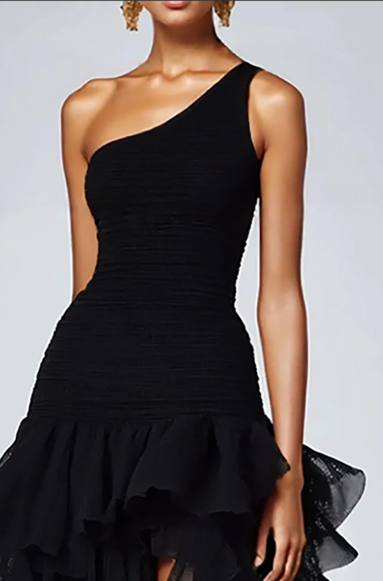 Cocoslly One Shoulder Sleeveless High Waist Long Prom Dress With Split And Ruffles | Black Satin And Tulle CO0151