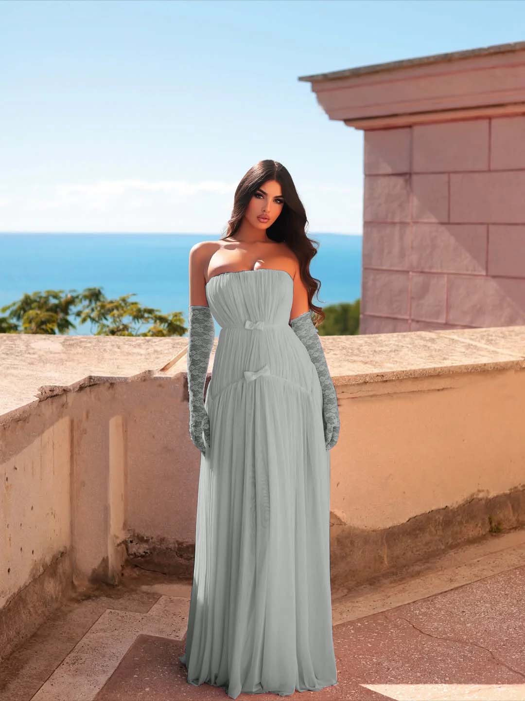 Chiffon Strapless Sleeveless Long Pleated A-Line Prom Dress With Bows And Gloves YK0680