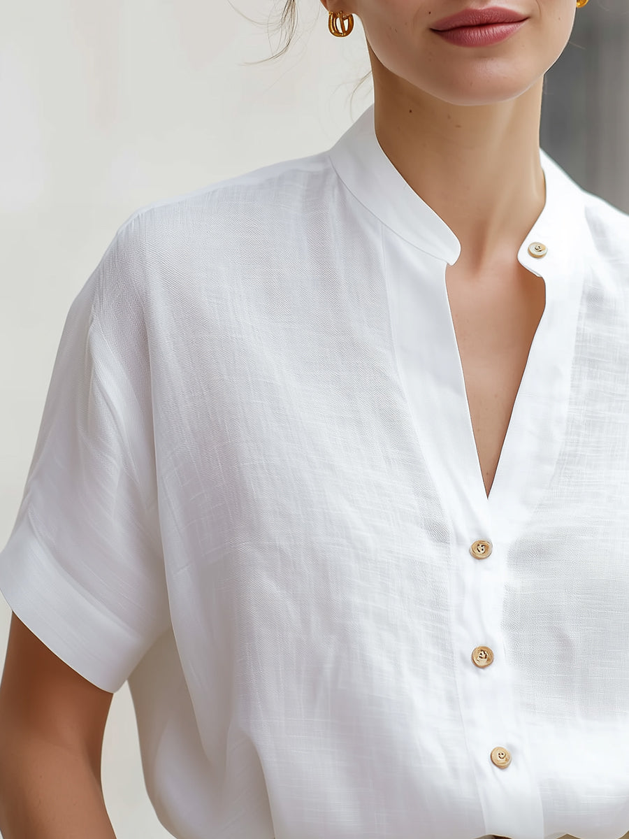 White Linen-Blend Stand Collar Short-Sleeve Blouse