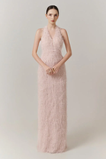 Cocoslly Halter Sleeveless High Waist Long Prom Dress With Tassel | Blushing Pink Feather JZ0095