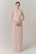 Cocoslly Halter Sleeveless High Waist Long Prom Dress With Tassel | Blushing Pink Feather JZ0095