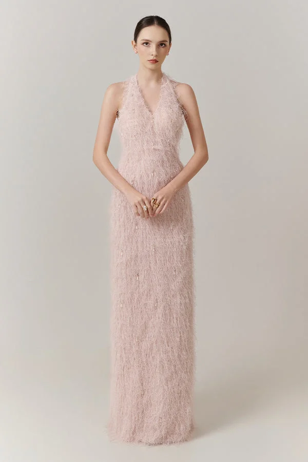 Cocoslly Halter Sleeveless High Waist Long Prom Dress With Tassel | Blushing Pink Feather JZ0095
