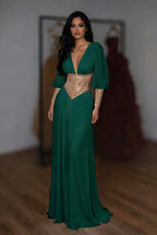 Cocoslly V-Neck Long Sleeves High Waist Long Prom Dress With Rhinstone | White Chiffon LR0373