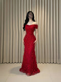 Cocoslly Off-The-Shoulder Sleeveless High Waist Long Prom Dress With Pearls And Sequins | Red SatinAnd Tulle CO0047
