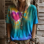 Women's Retro Colorful Heart Tie-dye Art Print Casual Short-sleeve Crew Neck T-shirt