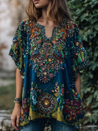 Women's Bohemian-style Nepal Art V-neck Shirt