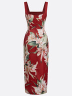 Red Floral Satin Square Neck Sleeveless Sheath Midi Dress