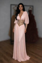 Cocoslly V-Neck Long Sleeves High Waist Long Prom Dress With Rhinstone | White Chiffon LR0373