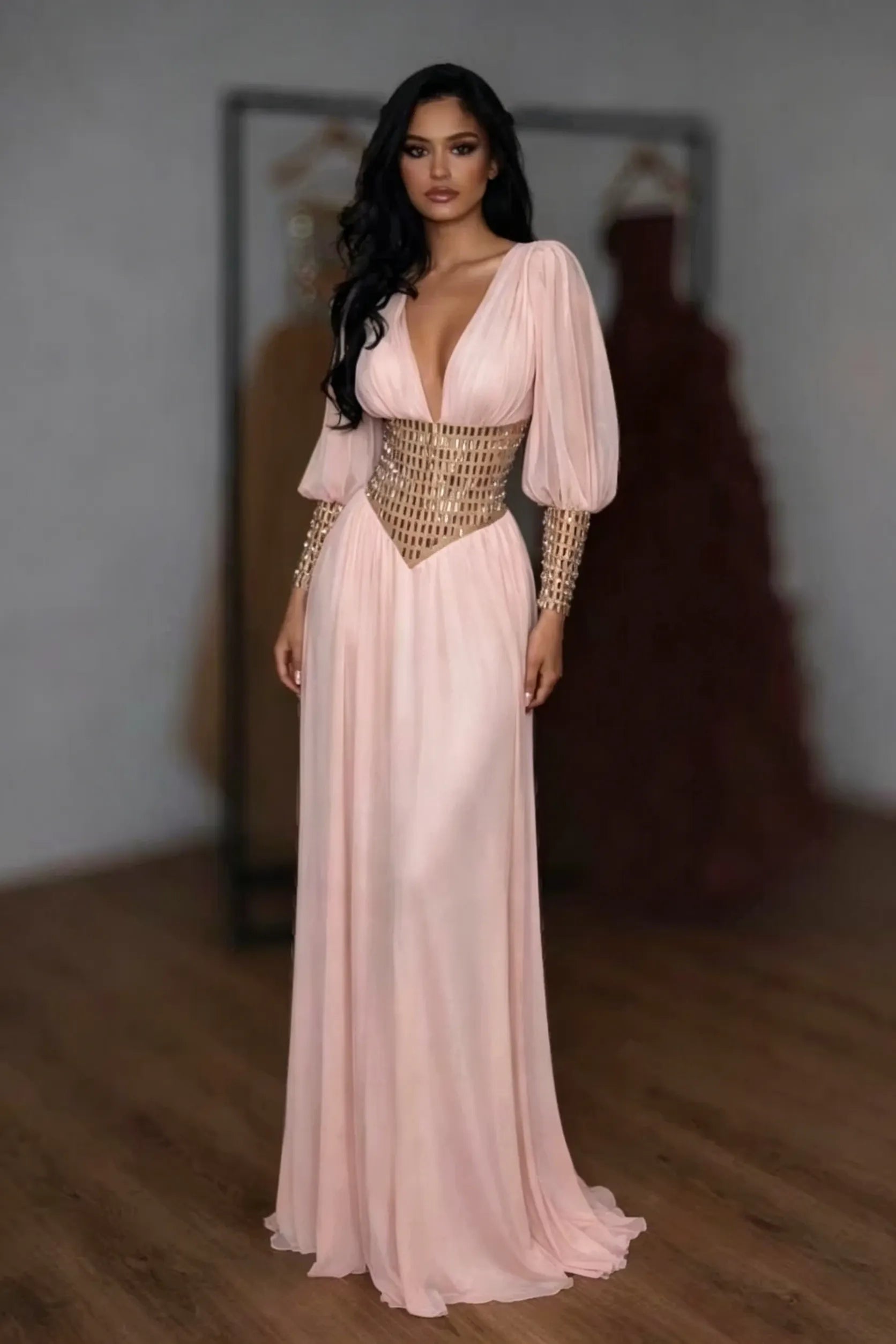 Cocoslly V-Neck Long Sleeves High Waist Long Prom Dress With Rhinstone | White Chiffon LR0373